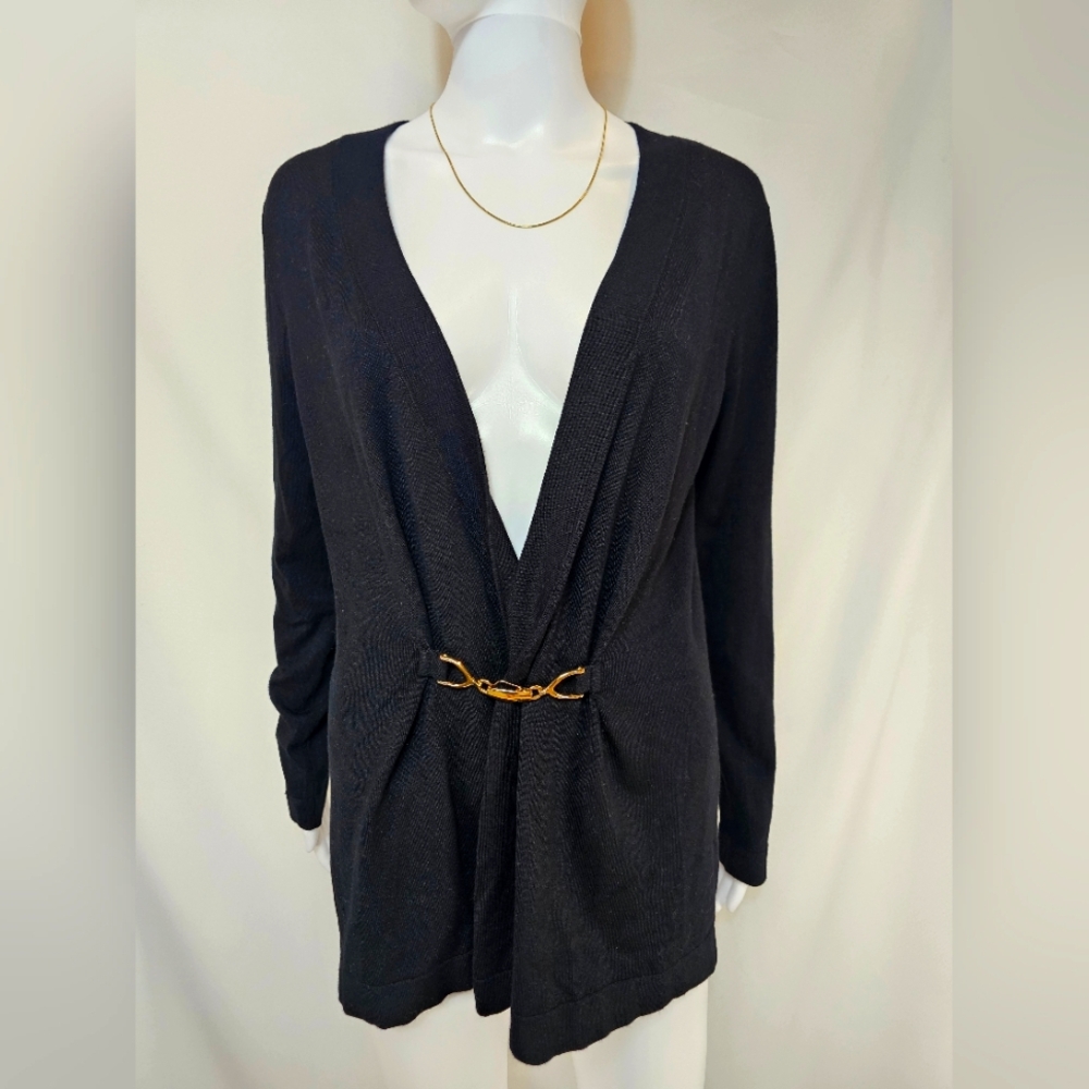 NWT Joan Vass Black Open Front Cardigan w/ Gold Horsebit Clasp – Size S